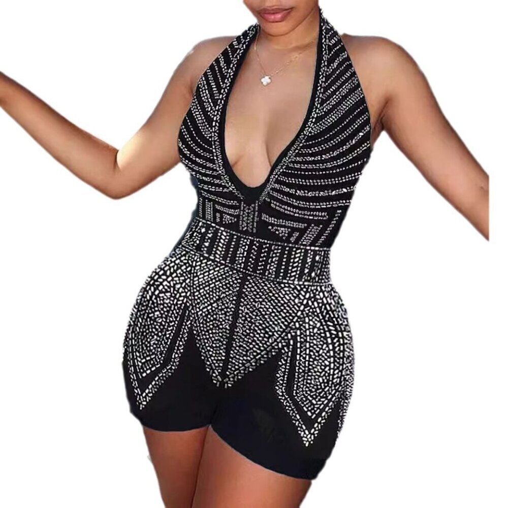 Holiday Party Black Embellished Beaded Romper V-Neck Halter Stretchy - Picture 1 of 15